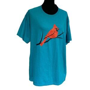 Hand Printed Upcycled Womens XL Cardinal Bird Short Sleeve Cotton Tee T-Shirt